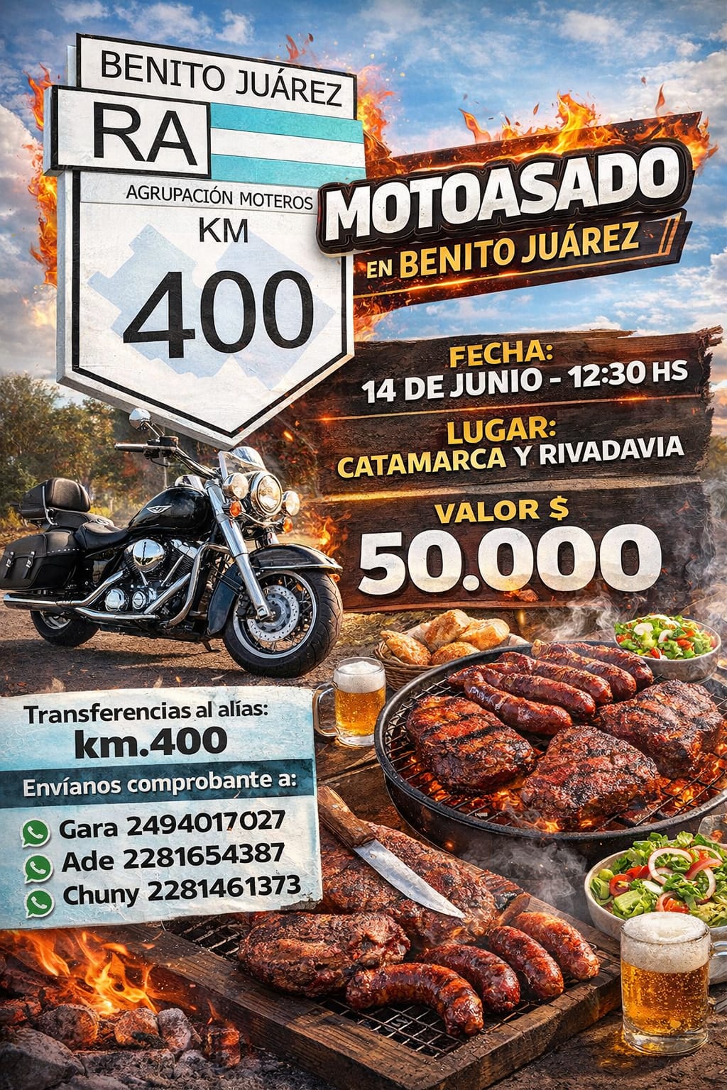 La Agrupación KM 400 organiza una nueva edición del Motoasado en Benito Juárez